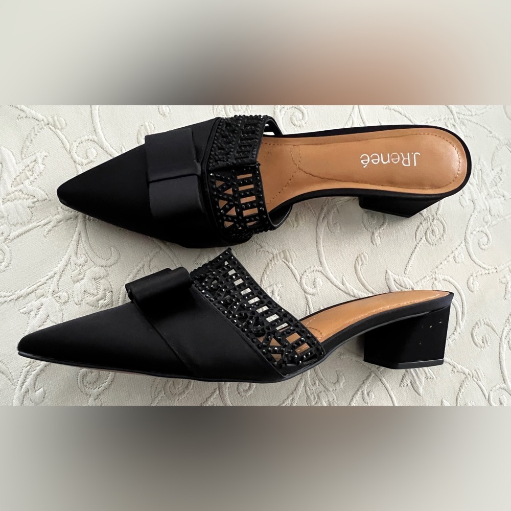 Sleek, Elegant Black Women's Slip On Mules, Low Heels with Bow & Embellishments